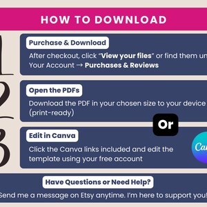 May include: A graphic with instructions on how to download a digital product. The steps include purchasing, opening PDFs, and editing in Canva. The text is on a dark blue background with a pink header and a Canva logo.