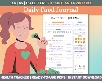 Daily Food Journal, Printable Food Diary PDF, Diabetic Meal Plan, Daily Meal Diary, Calorie Tracker, Mood Tracker, Workout Log, Health Plan