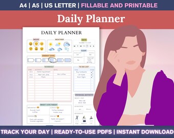 Fillable Daily Planner Printable PDF – Mood Tracker, Energy Levels Log, Goodnotes Health Planner, To Do List, Daily Productivity Planner