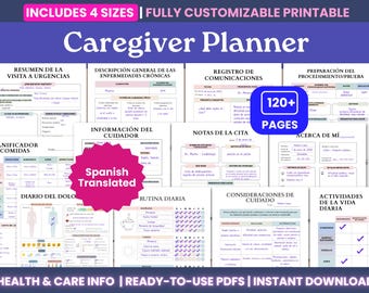 Spanish Translated Caregiver Planner and Health Tracker – Editable Medical Binder, Medication Lists (PDF Download), Chronic Illness Journal