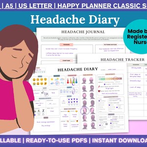 Könnte beinhalten: Ein digitales Kopfschmerztagebuch mit Journal- und Tracker-Seiten. Das Design zeigt eine Person mit Kopfschmerzen und den Text "Headache Diary". Das Tagebuch ist ausfüllbar und im PDF-Format sofort einsatzbereit.