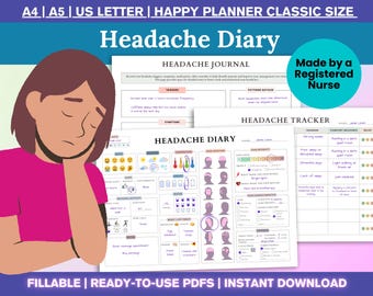 Afdrukbare pdf met hoofdpijntracker: logboek hoofdpijn en migraine, symptoomtracker, dagboek chronische pijn, medisch dagboek, plannerblad doktersbezoek