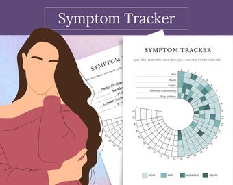 May include: A printable symptom tracker featuring a circular chart divided into 12 sections, each representing a month of the year. The chart is used to track the severity of symptoms such as pain, nausea, fatigue, difficulty concentrating, and sleep problems. The severity levels are indicated by different shades of blue, ranging from none to severe.