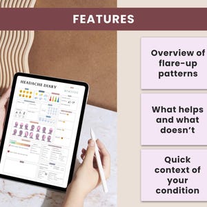 May include: A person holding a tablet displaying a "Headache Diary" app. The app's interface includes sections for tracking flare-up patterns, what helps and doesn't, and a quick context of the condition. The image also shows the word "FEATURES".