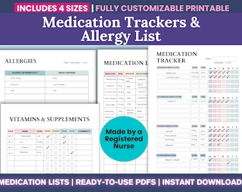 Sjabloon medicatietracker afdrukbare pdf: bewerkbare medicatie- en supplementenlijst, allergietracker, medicatieplanner voor zorgverleners,