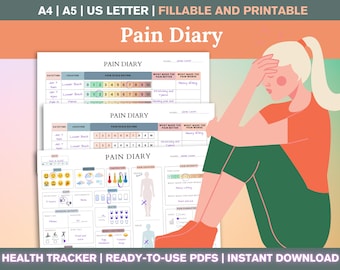 Afdrukbare pdf pijntracker: logboek hoofdpijn en migraine, symptoomtracker, dagboek chronische ziekten, medisch dagboek, plannerblad doktersbezoek