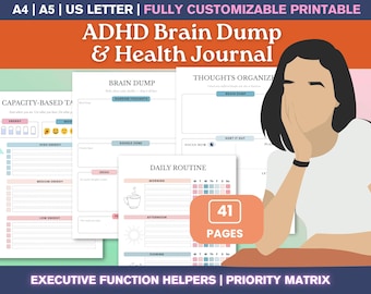 ADHD Brain Dump Template and Health Planner Editable Printable - Medication Tracker & Health Journal PDF, Medication List, Priority Matrix