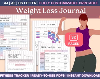 減量トラッカー（印刷可能なPDF）—体重とカロリーの記録、週間体重記録、フィットネスとグローアップトラッカー、減量プランナージャーナル