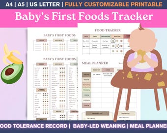 Baby's First Foods Tracker, Food Tolerance Record, Baby-Led Weaning, Meal Planner, Printable