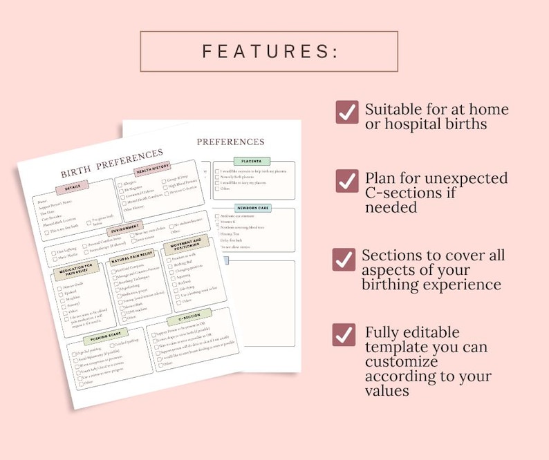 Birth Preferences Template, Printable Birth Plan, Labor and Delivery ...