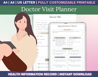 May include: A printable doctor visit planner with "Doctor Visit Planner" text. The image includes a woman with brown hair and a beige top, along with a tablet and two pages of health information. The text "HEALTH INFORMATION RECORD | INSTANT DOWNLOAD" is at the bottom.
