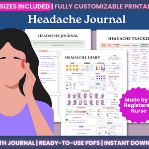 May include: A digital printable Headache Journal with a woman holding her temples, with the text "Headache Journal" and "Headache Diary". The journal includes a headache tracker and is made by a registered nurse.