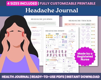 Afdrukbaar hoofdpijndagboek – bewerkbare migrainetracker (A4/A5/Letter/Happy Planner) (pdf-download en canva-sjabloon, migrainedagboek)