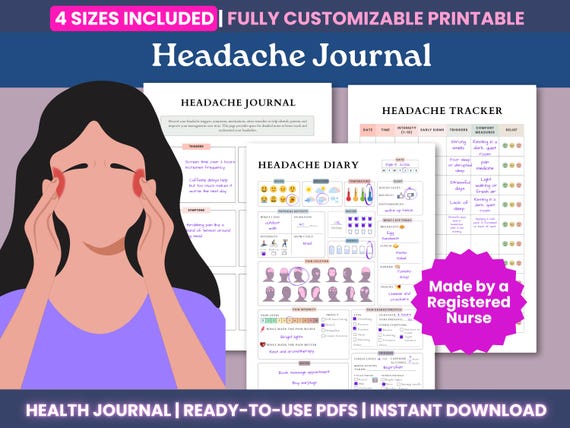 Headache Diary Printable – Editable Migraine Tracker (A4/A5/Letter/Happy Planner) (PDF Download & Canva Template, Migraine Journal
