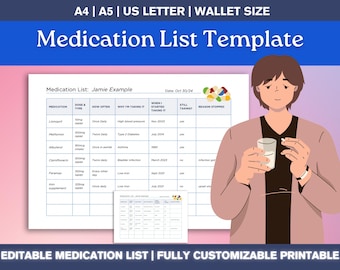 Sjabloon medicatielijst, bewerkbaar en afdrukbaar, A4/A5/US Letter/Portemonnee