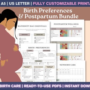 Sjabloon pdf-geboorteplan: arbeids- en bevallingsplan, afdrukbare bewerkbare geboortevoorkeuren, checklist ziekenhuistas, natuurlijke geboortevoorkeuren