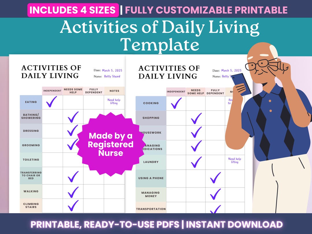 Activities of Daily Living Printable Template PDF - Editable Home Care ...