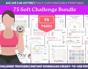 May include: A printable bundle with 75 soft challenge trackers, including sleep, body measurement, and daily planner pages. The image features a woman holding weights, with the text "75 Soft Challenge Bundle" and "55 Pages".