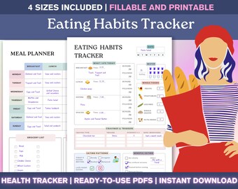 Eetgewoonten en opmerkzame voeding Tracker Afdrukbaar invulbaar pdf-bestand Maaltijdlogboek en Weekplanner, A4, A5, US Letter, Happy Planner Classic