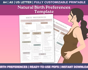 Natural Birth Plan Template PDF - Editable Unmedicated Birth Preference List, Birth Planning List, Birth Preparation, Birth Preferences