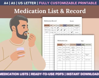 Medication List Template | Medication Record | Medication History Printable PDF | Medication Tracker | Medicine Log Sheet | Medicine Tracker