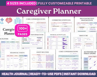 Caregiver Binder and Medical Planner Printable PDF - Editable Medical Tracker & Health Planner, Medication List, Chronic Illness Tracker