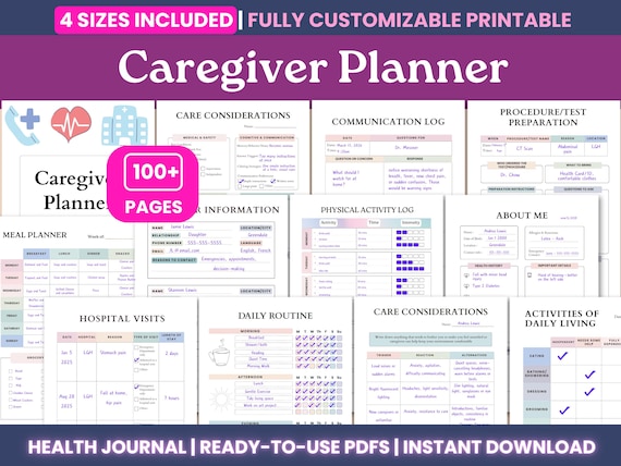 Caregiver Binder and Medical Planner Printable PDF - Editable Medical Tracker & Health Planner, Medication List, Chronic Illness Tracker
