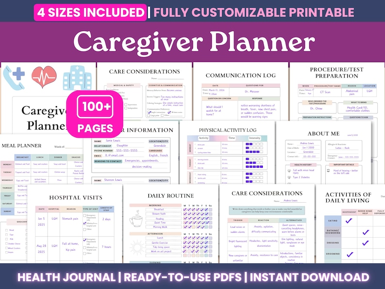 medical journal, emergency binder, caregiver log, medication log, blood pressure log, health binder, symptom tracker, family medical, medication list, habit tracker, medical history, chronic illness, digital planner, printable planner health journal, health tracker