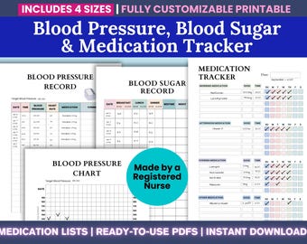 Bloeddruk-, bloedsuiker- en medicatietracker: bewerkbare sjabloon en afdrukbare pdf, A5/A4/Happy Planner Classic/US Letter-formaten