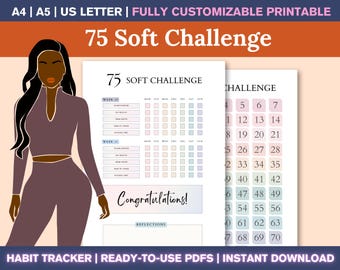 75 Soft Challenge Tracker — 75 Day Workout and Daily Habit Planner, Editable Fitness Template, Weight Loss Journal & Wellness Planner Bundle
