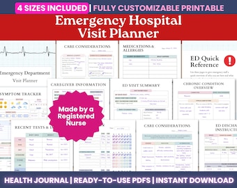 Bezoekplanner spoedeisende hulp Afdrukbare pdf: bewerkbare medische map, gezondheidsplanner, medicatielijst, chronische ziekte en symptoomtracker