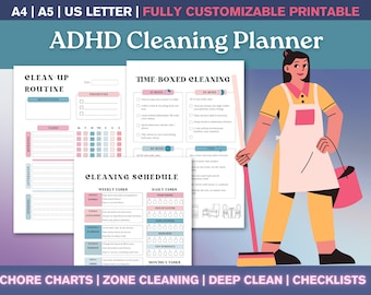 Bearbeitbarer ADHD Reinigungsplaner - Reinigung druckbarer digitaler ADHD Planer, Haushaltsreinigungscheckliste, Putzplan für die Haushaltsarbeit