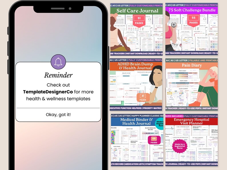 May include: A smartphone displays a notification about health and wellness templates from TemplateDesignerCo. The image also showcases several printable journals, including a Self Care Journal and an ADHD Brain Dump & Health Journal.