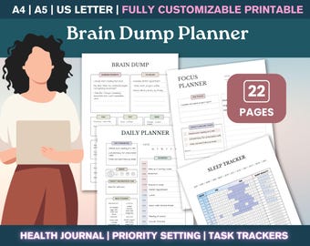 Editable ADHD Brain Dump Planner & Task Tracker – Brain Dump Sheet, Thoughts Organizer, Daily To-Do List Printable, Productivity Planner