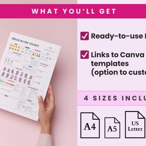 May include: A white "Headache Diary" printable held by hands, with sections for tracking symptoms. The image includes the text "WHAT YOU'LL GET", "Ready-to-use PDFs", "Links to Canva templates", and "4 SIZES INCLUDED", with A4, A5, US Letter, and Happy Planner Classic sizes.