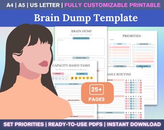 ADHDのブレインダンプテンプレート + 優先度マトリックス印刷可能なPDF – 編集可能なCanvaデジタルプランナー、実行機能プランナー、ADHD向けタスクトラッカー