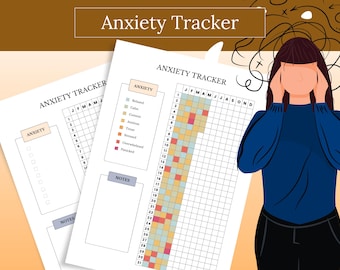 May include: Anxiety Tracker printable sheets with a color-coded chart to track feelings. The text "Anxiety Tracker" is at the top of the page. A person is shown with their hands on their head, with a visual representation of thoughts.