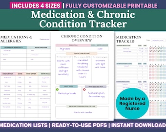 Afdrukbare pdf met medicatielijst en tracker voor chronische aandoeningen - bewerkbare medische map, allergietracker, dagboek chronische ziekte medicatie