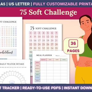 75 Soft Challenge Tracker Printable PDF — 75 Day Challenge, Fitness Workout Template, Healthy Eating, Water and Reading Logs, Habit Tracker