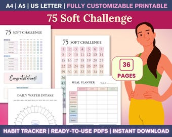 75 Soft Challenge Tracker Printable PDF — 75 Day Challenge, Fitness Workout Template, Healthy Eating, Water and Reading Logs, Habit Tracker