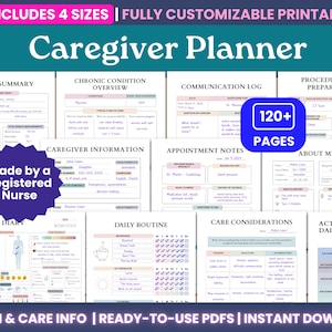 May include: A printable Caregiver Planner with 120+ pages, including sections for ED visit summaries, chronic condition overviews, and daily routines. The planner is fully customizable and available in 4 sizes. Includes health and care information.
