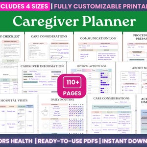 May include: A printable Caregiver Planner with 110+ pages, including sections for home safety, care considerations, and daily routines. The planner is designed for seniors' health and is fully customizable.