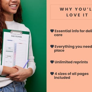 May include: A green clipboard with a "DAILY PLANNER" sheet, held by a person. The planner has sections for scheduling and notes. Text on the right side reads "WHY YOU'LL LOVE IT" with bullet points about the planner's features.
