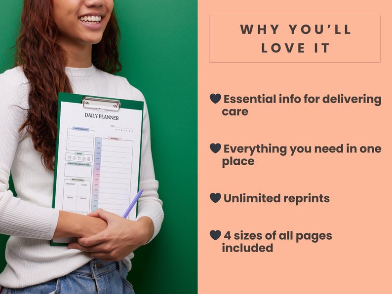 May include: A green clipboard with a "DAILY PLANNER" sheet, held by a person. The planner has sections for scheduling and notes. Text on the right side reads "WHY YOU'LL LOVE IT" with bullet points about the planner's features.