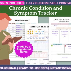 Pode incluir: Um diário de saúde imprimível com o texto "Chronic Condition and Symptom Tracker". A imagem mostra uma pessoa com cabelo ruivo e uma camisa verde escrevendo em um tablet. O diário inclui registros de sintomas, gráficos de rastreamento e uma visão geral das condições crônicas.