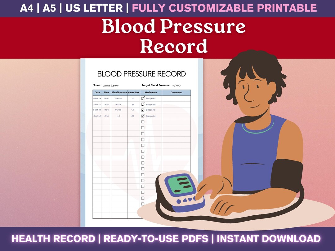 Blood Pressure Log Printable PDF — Daily BP Tracker & Chart, Medical ...