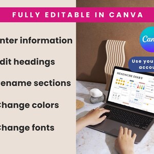 May include: A laptop displaying a "Headache Diary" template, with the Canva logo and text "Use your free account." Text on the left indicates the template is fully editable, allowing users to enter information, edit headings, rename sections, change colors, and change fonts.