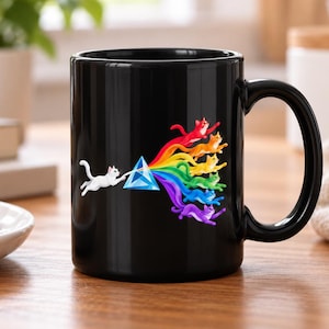 Taza con prisma de gato arcoíris, divertida taza de regalo científico para amantes de los gatos, humor físico.