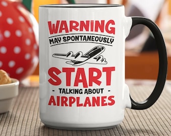 Airplane Lover Gift, Funny Pilot Mug, Warning May Start Talking About Airplane, Air Plane Coffee Cup, Passenger Jet, Vintage Aircraft