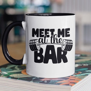 Kubek ze sztangą, kubek treningowy Meet Me at the Bar, zabawny kubek do kawy Fitness, prezenty dla partnera treningowego, kubek do kawy Fitness, ciężarki do hantli
